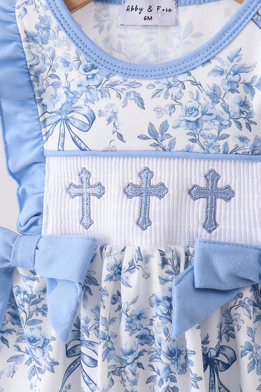 Blue floral cross smocked bloomer set