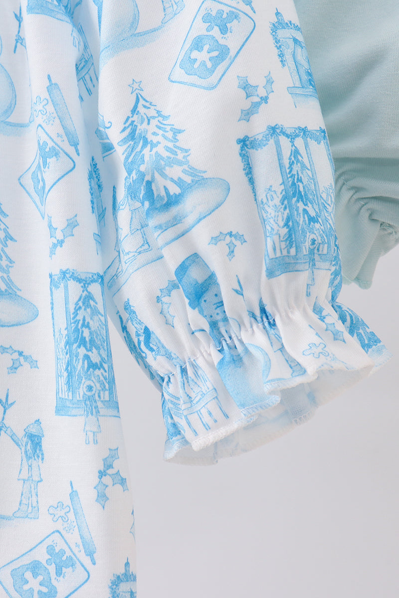 Blue snowman christmas tree smocked bloomer set