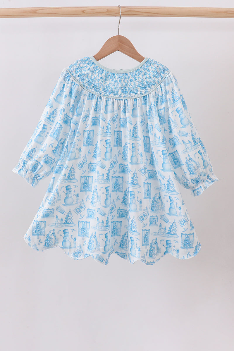 Blue snowman christmas tree smocked dress