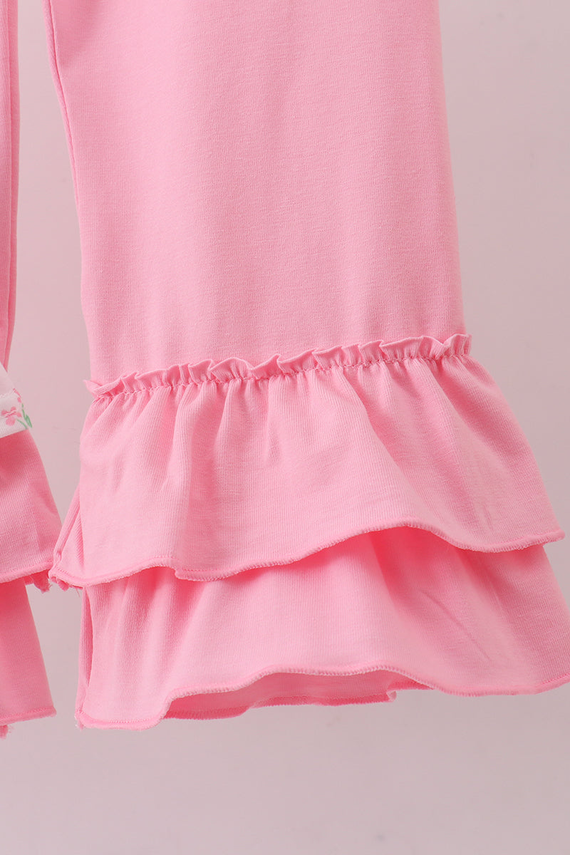 Pink floral bow smocked ruffle pants set