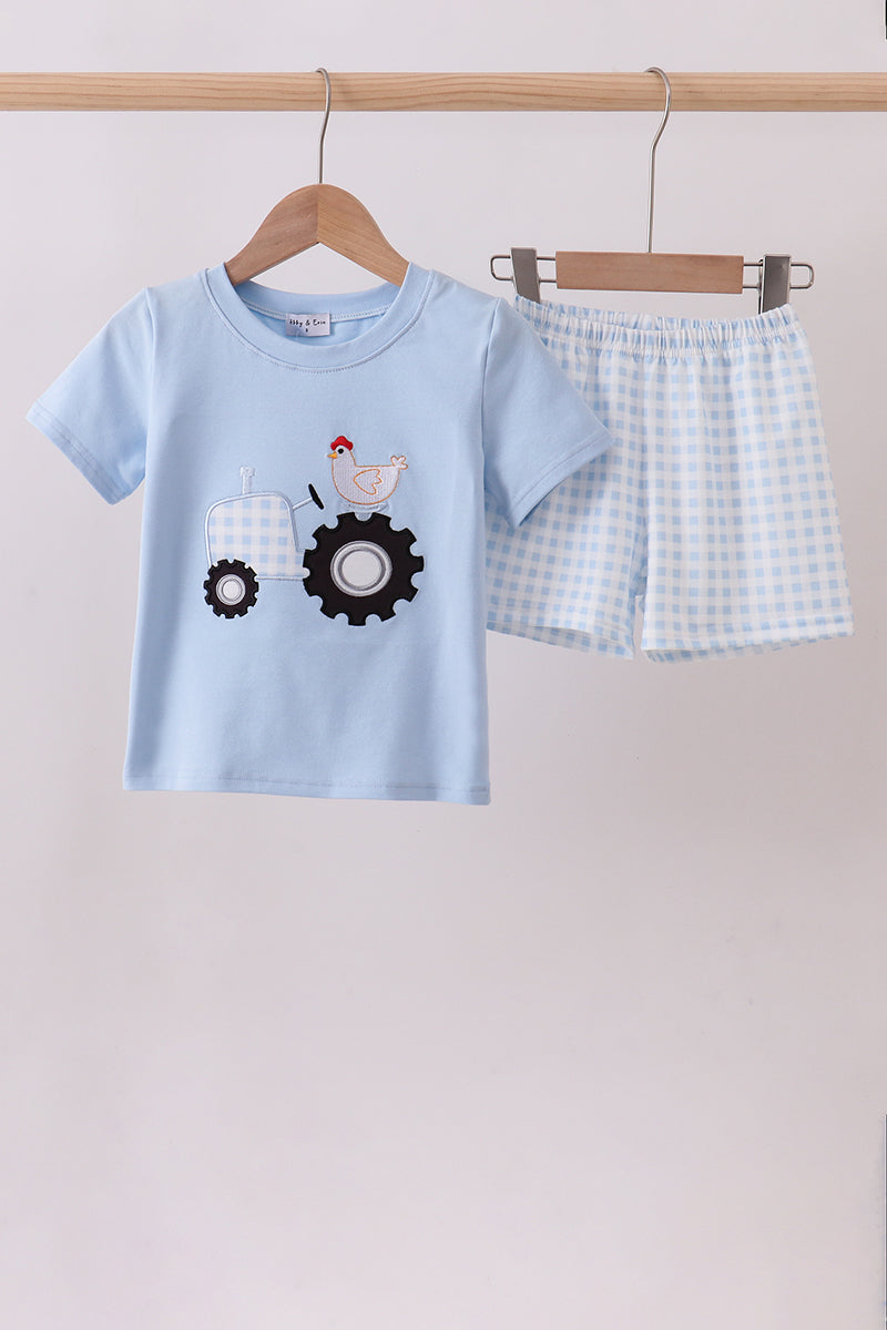 Blue tractor applique shorts set