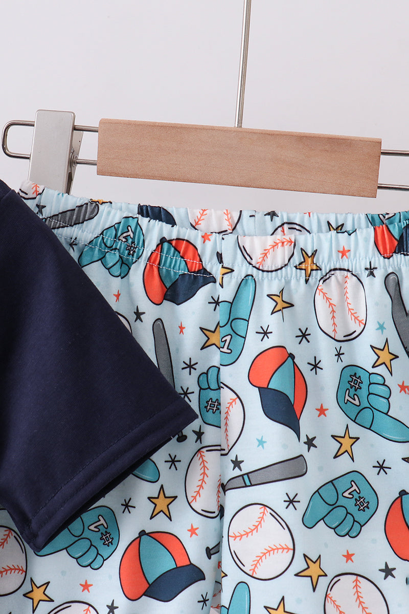 Navy baseball print shorts set