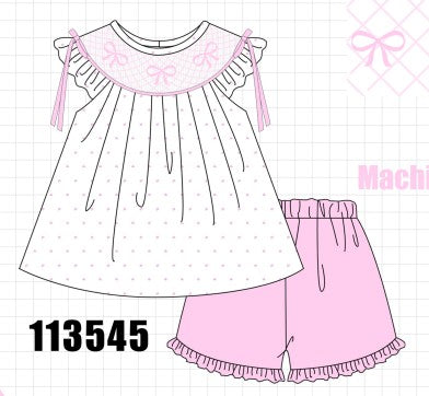 Pink Bow Smocked Swiss Dot Shorts Set