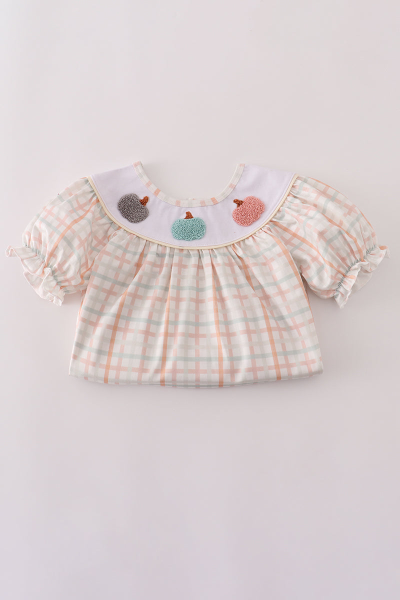 Neutral plaid french knot ruffle shorts set