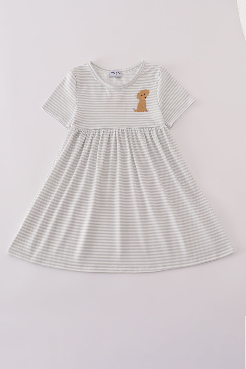 Puppy embroidery stripe dress