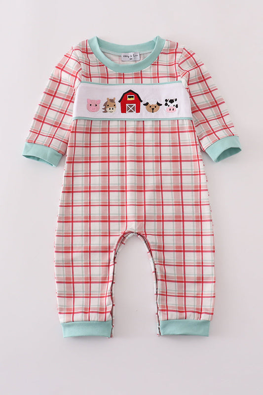 Red plaid farm embroidery romper