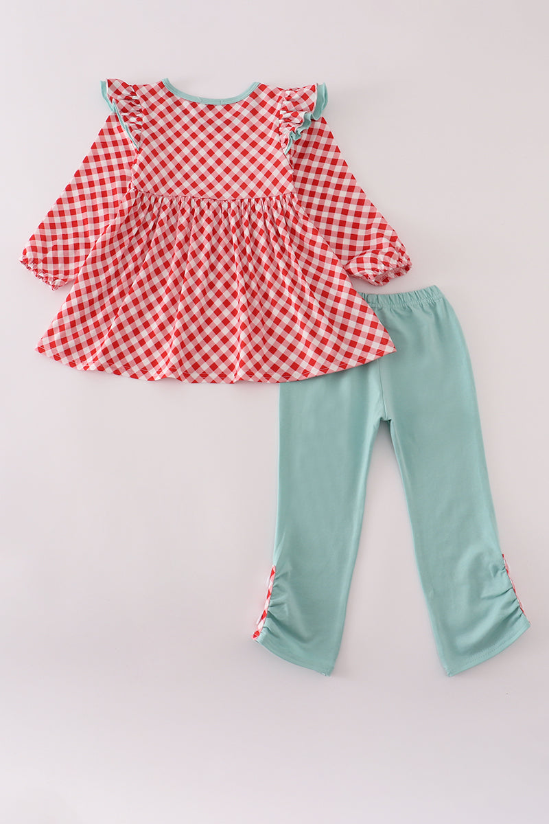 Red farm smocked ruffle pants set