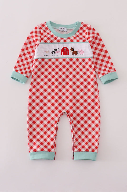 Red farm smocked romper