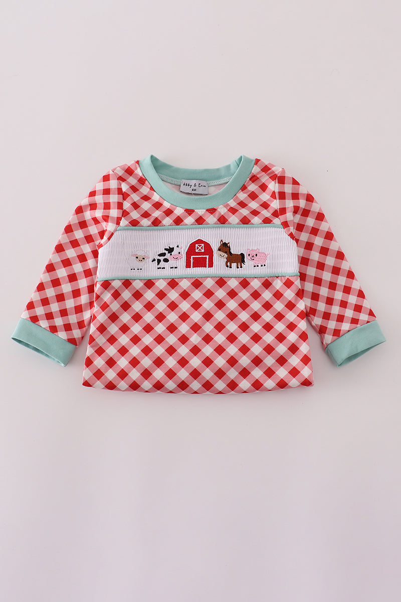 Red farm smocked romper
