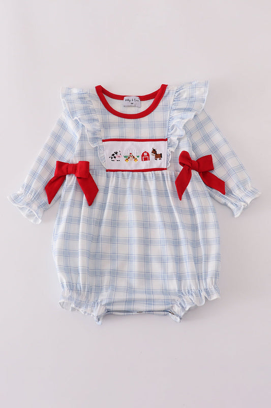 Blue farm embroidery plaid ruffle bubble