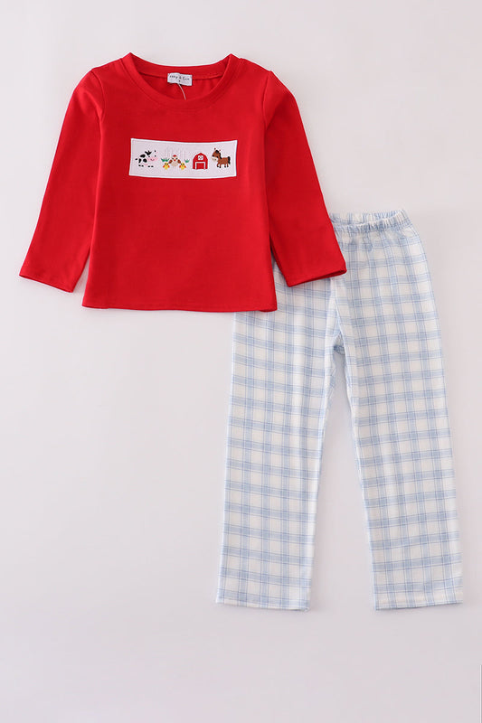 Red farm embroidery plaid pants set