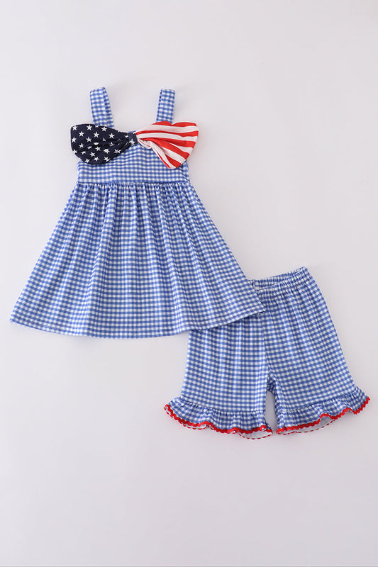 Blue flag bow gingham shorts set