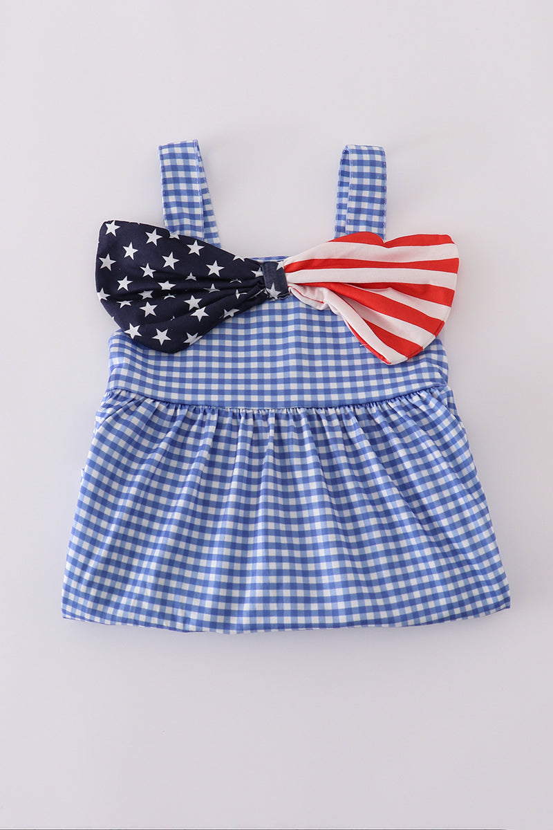 Blue flag bow gingham shorts set