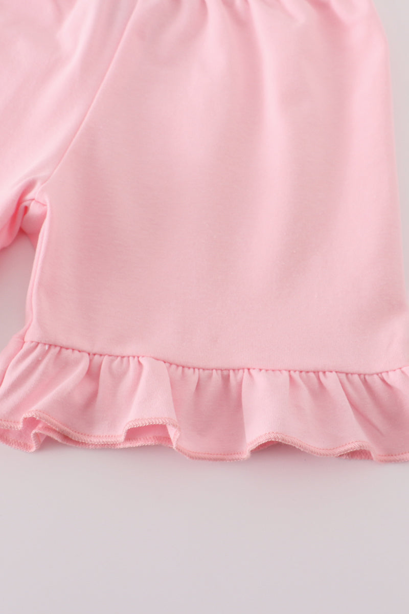 Pink whale embroidery smocked ruffle shorts set