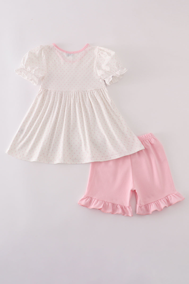 Pink whale embroidery smocked ruffle shorts set