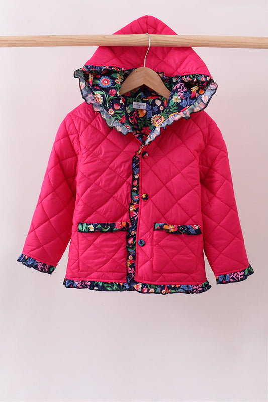 Magenta print ruffle quilted jacket