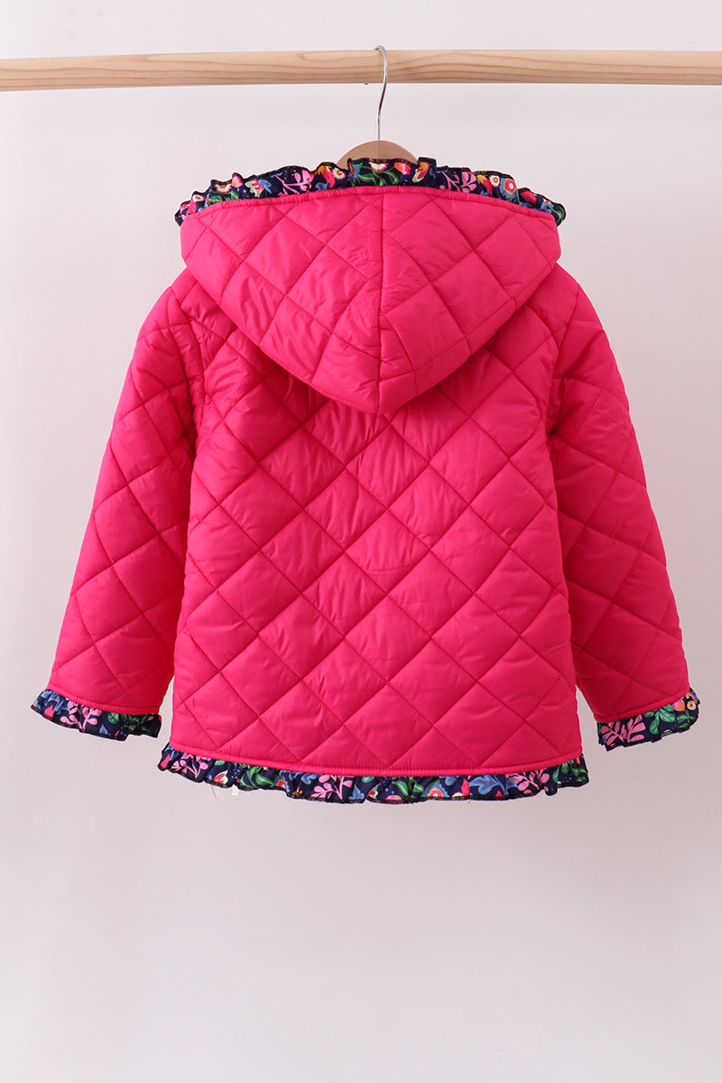 Magenta print ruffle quilted jacket