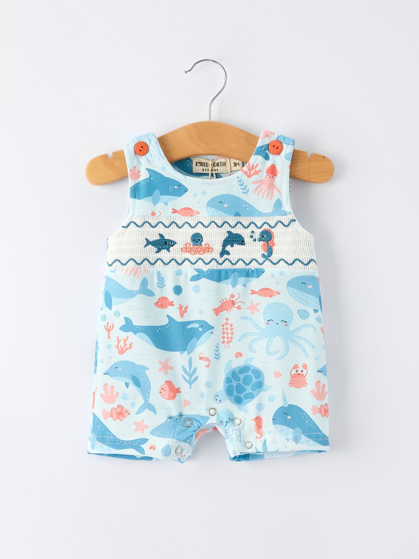 Marine Animal Smocking Embroidered Baby Boys' Romper