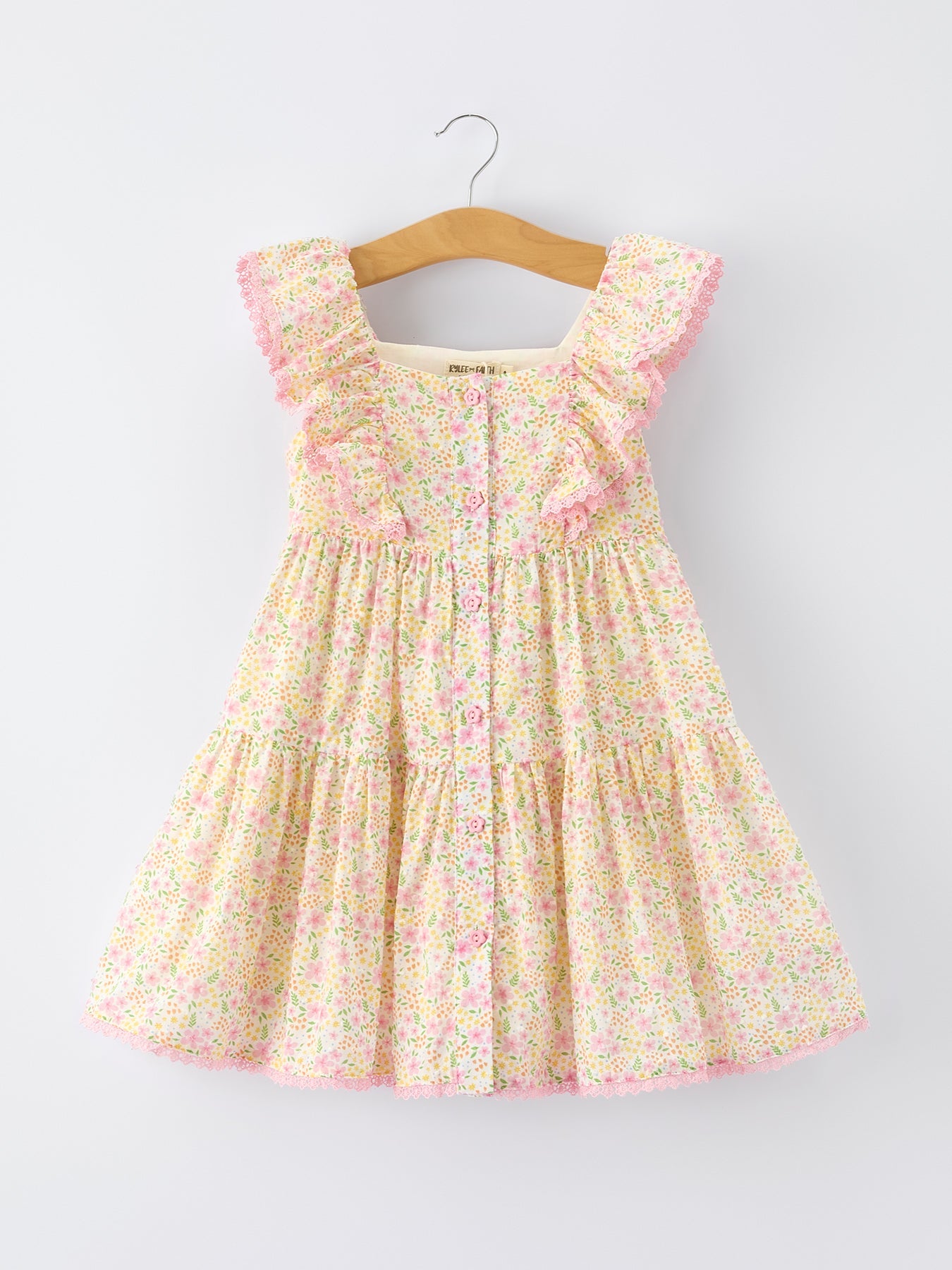 Spring Floral Girls Ruffle Dress With Bow Straw Hat Set
