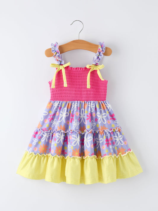 Summer Floral Girls Bow Ruffle Smocked Dress