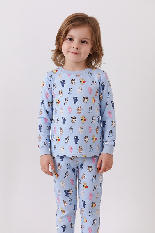 Premium blue character print bamboo pants set