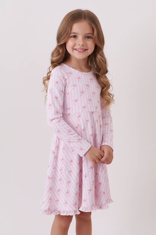 Premium blush bow stripe print ruffle bamboo dress