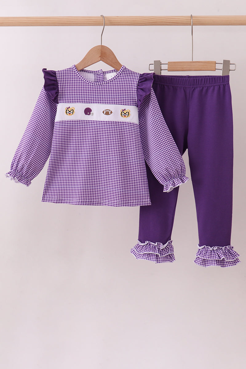 Premium Purple LSU tiger football embroideyr gingham ruffle pants set