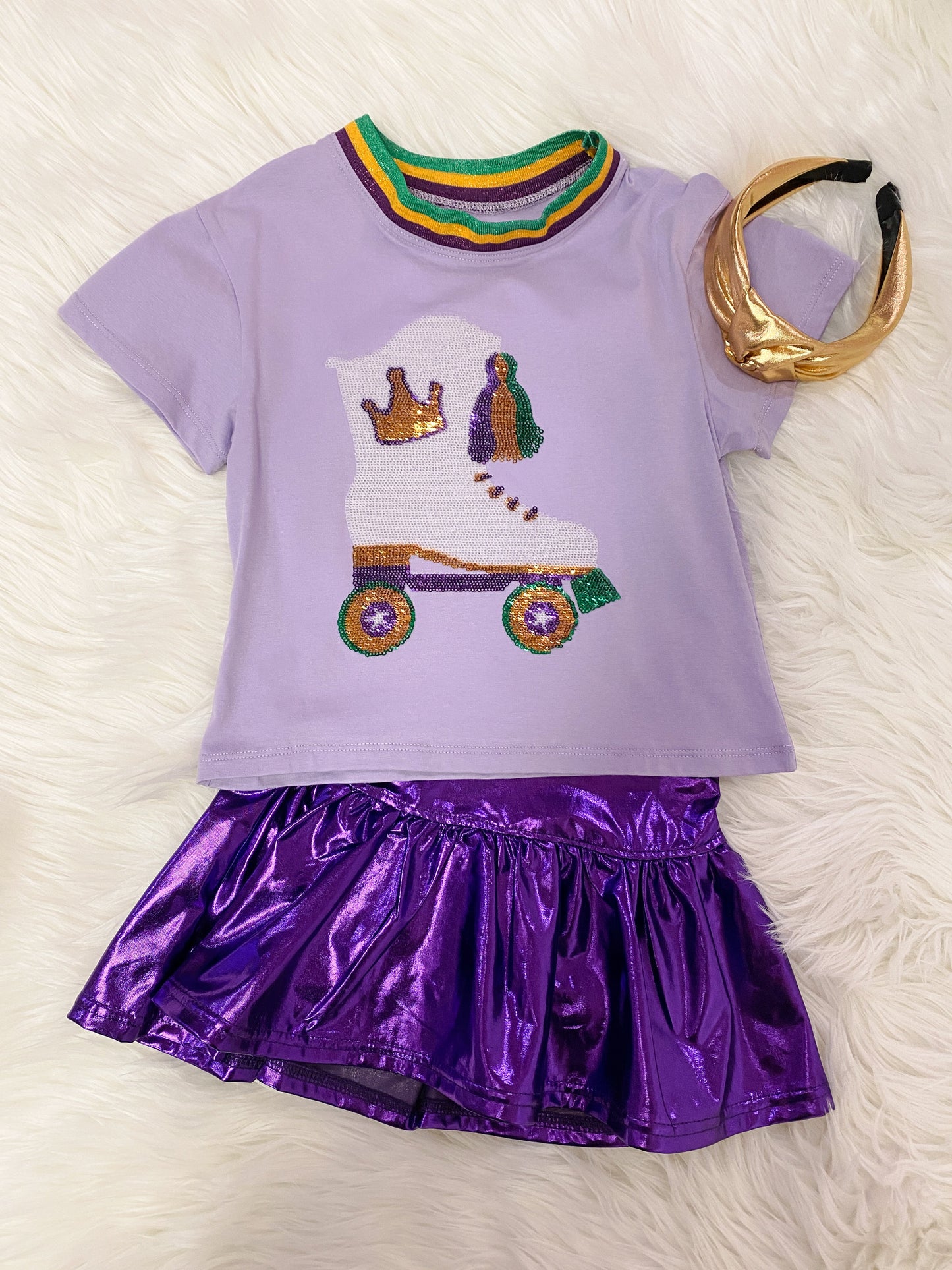 Azarhia Girls Slick Metallic Gathered Skort in Purple | Trendy Tween & Girls Athletic Skirt