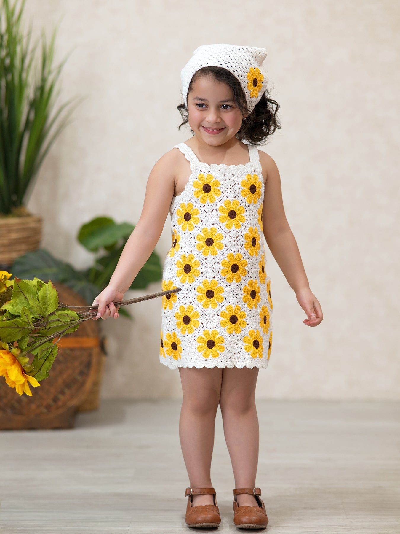 Summer Crochet Sunflower Girl Dress with Headscarf