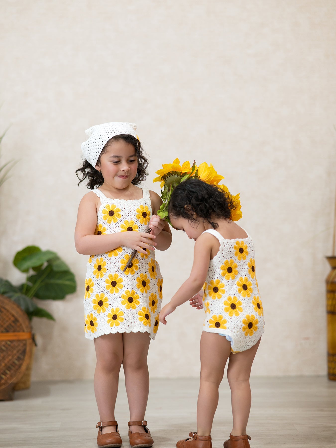 Summer Crochet Sunflower Girl Dress with Headscarf
