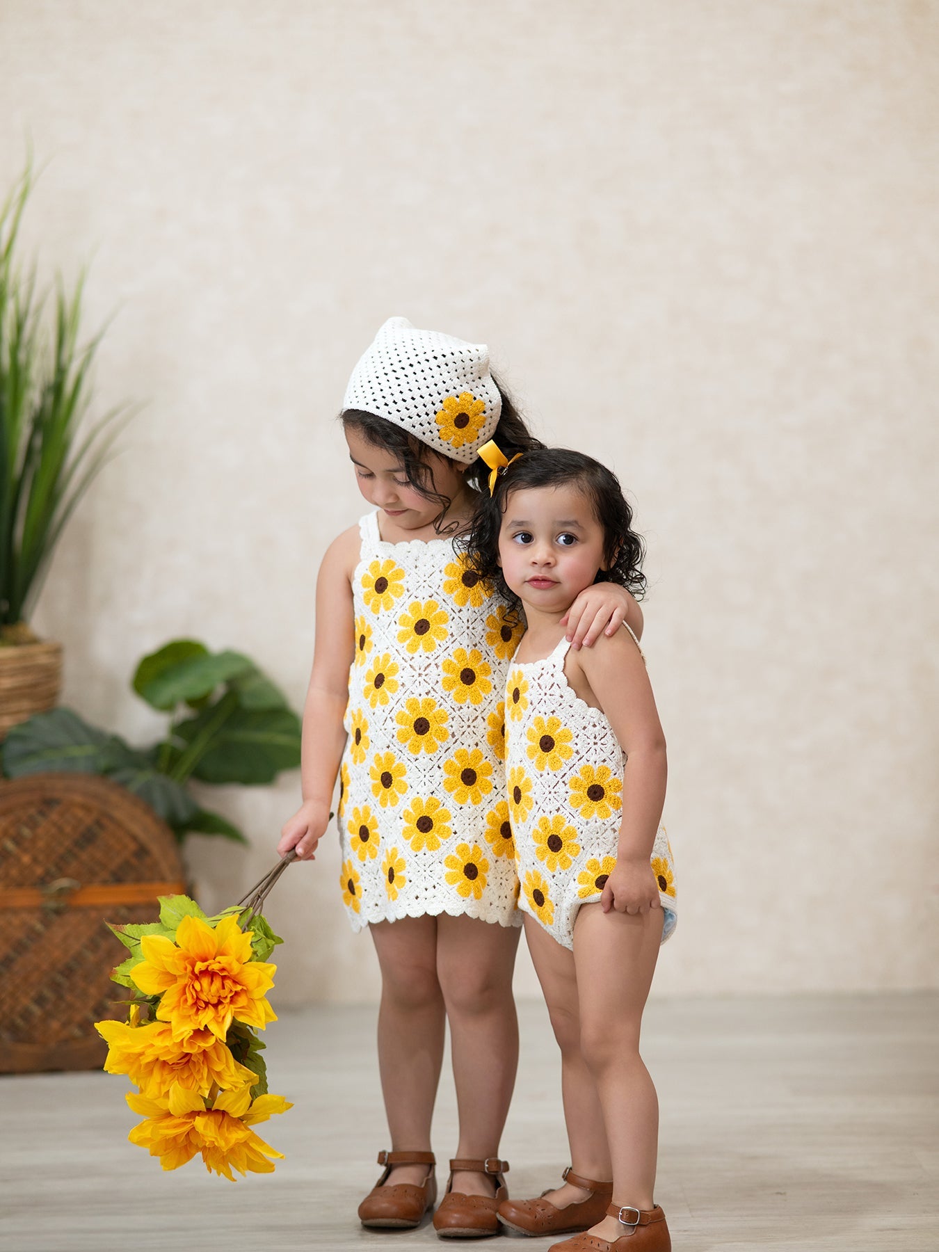 Summer Crochet Sunflower Girl Dress with Headscarf