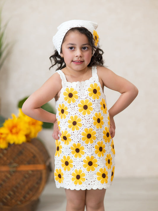 Summer Crochet Sunflower Girl Dress with Headscarf