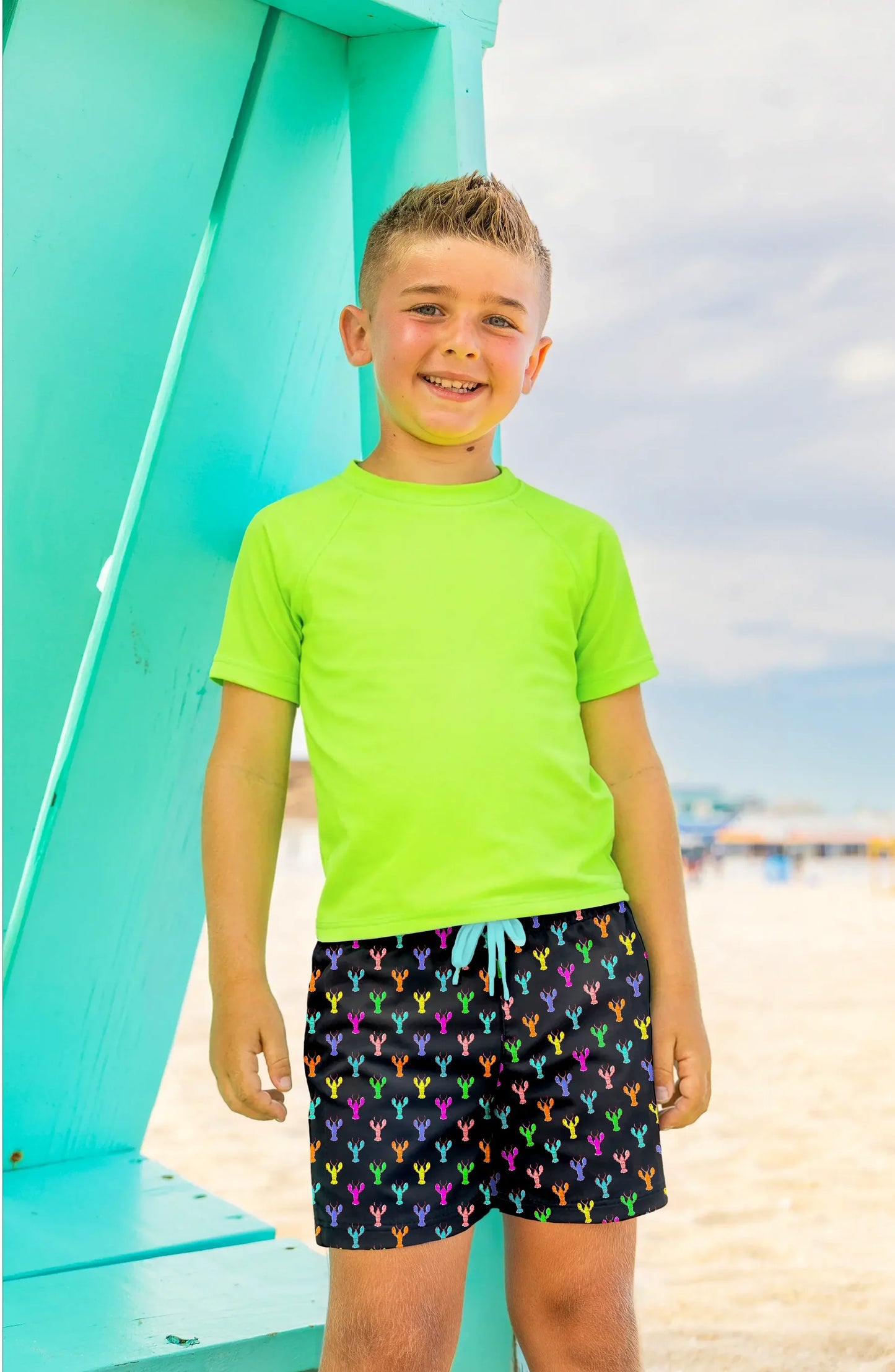 Boys Multicolor Crawfish & Lobster Print Board Shorts with UPF 50+ | Louisiana Kids Swimwear