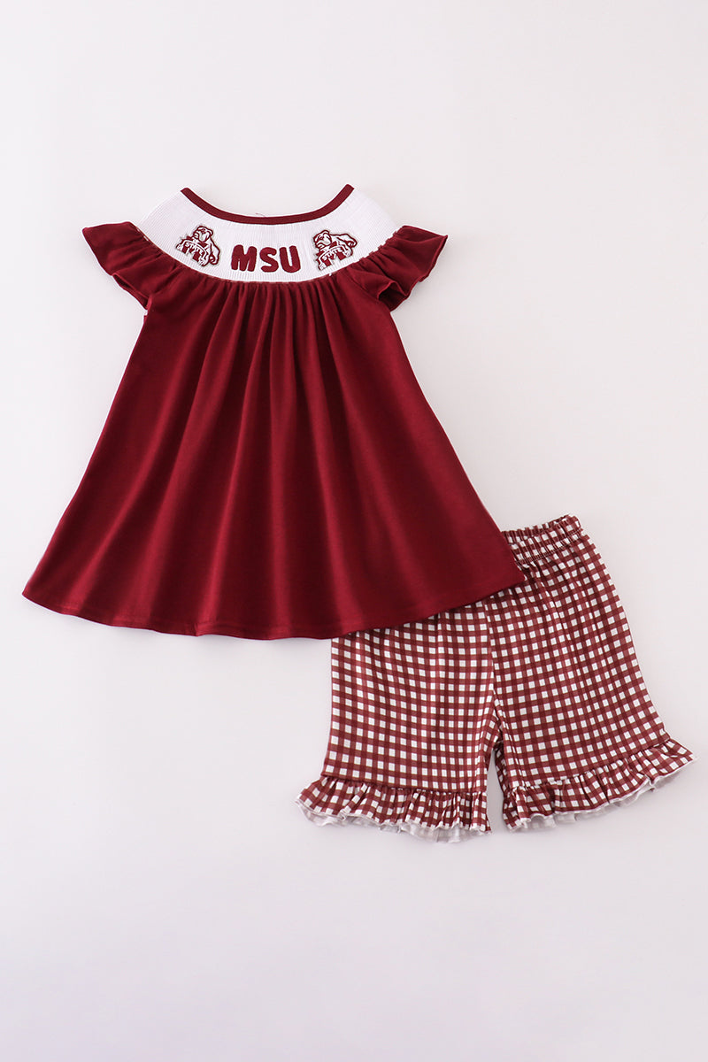 Mississippi MSU embroidery smocked gingham ruffle set