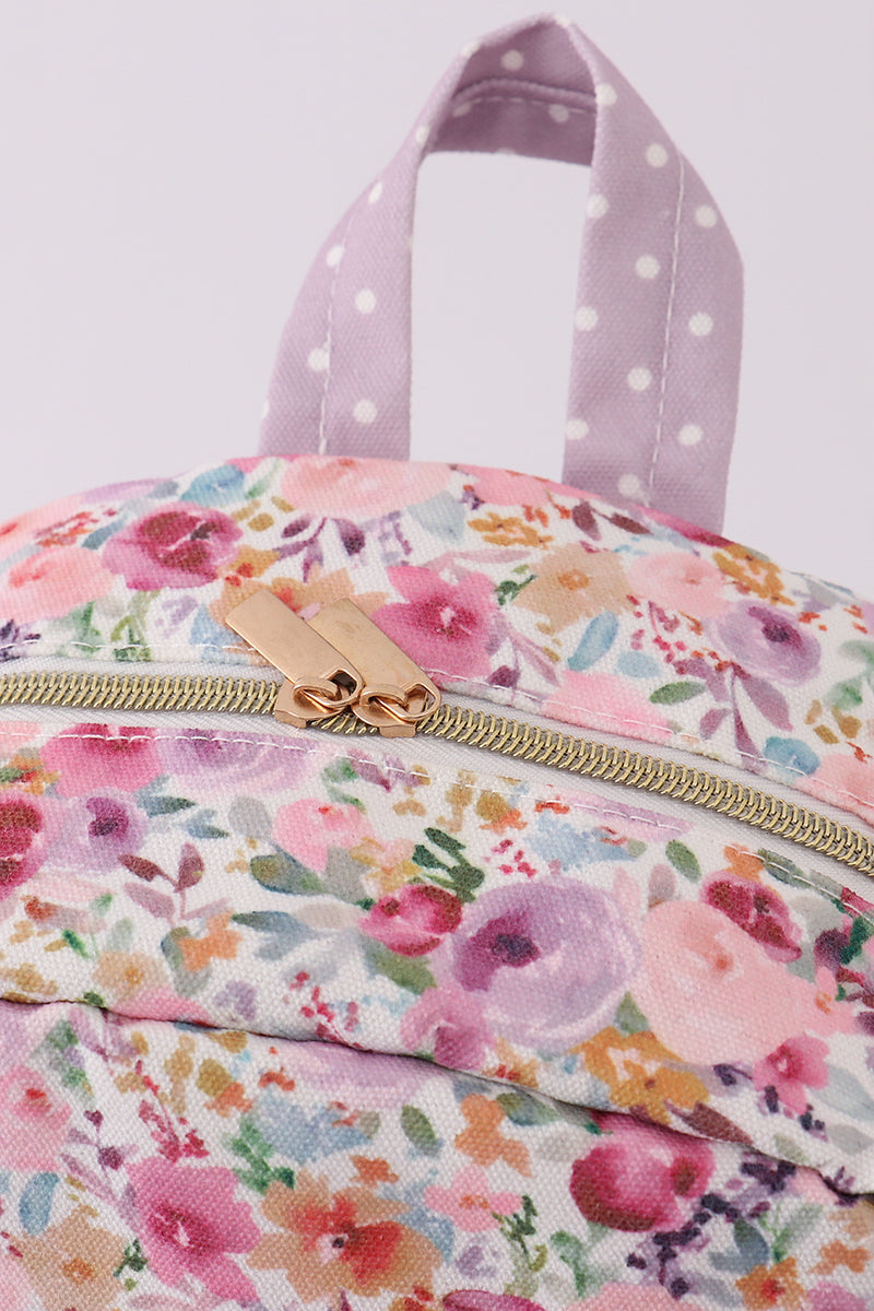 Purple floral print canvas ruffle backpack
