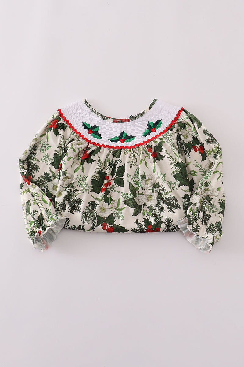 Green holly floral smocked ruffle pants set
