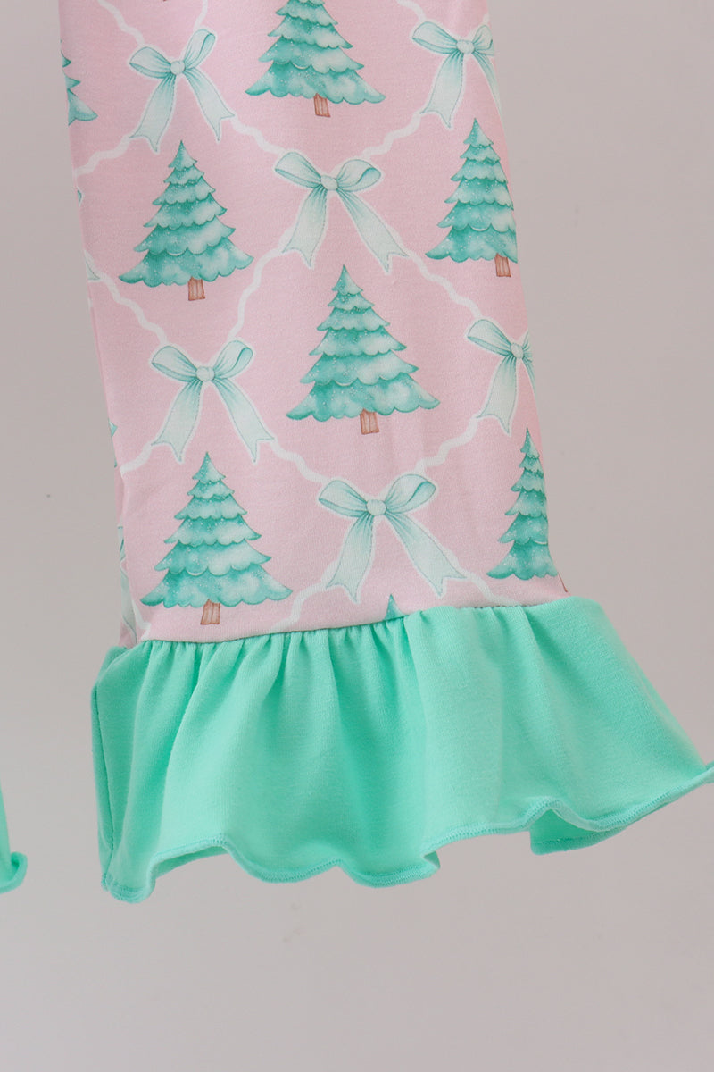 Pink christmas tree ruffle pajama set