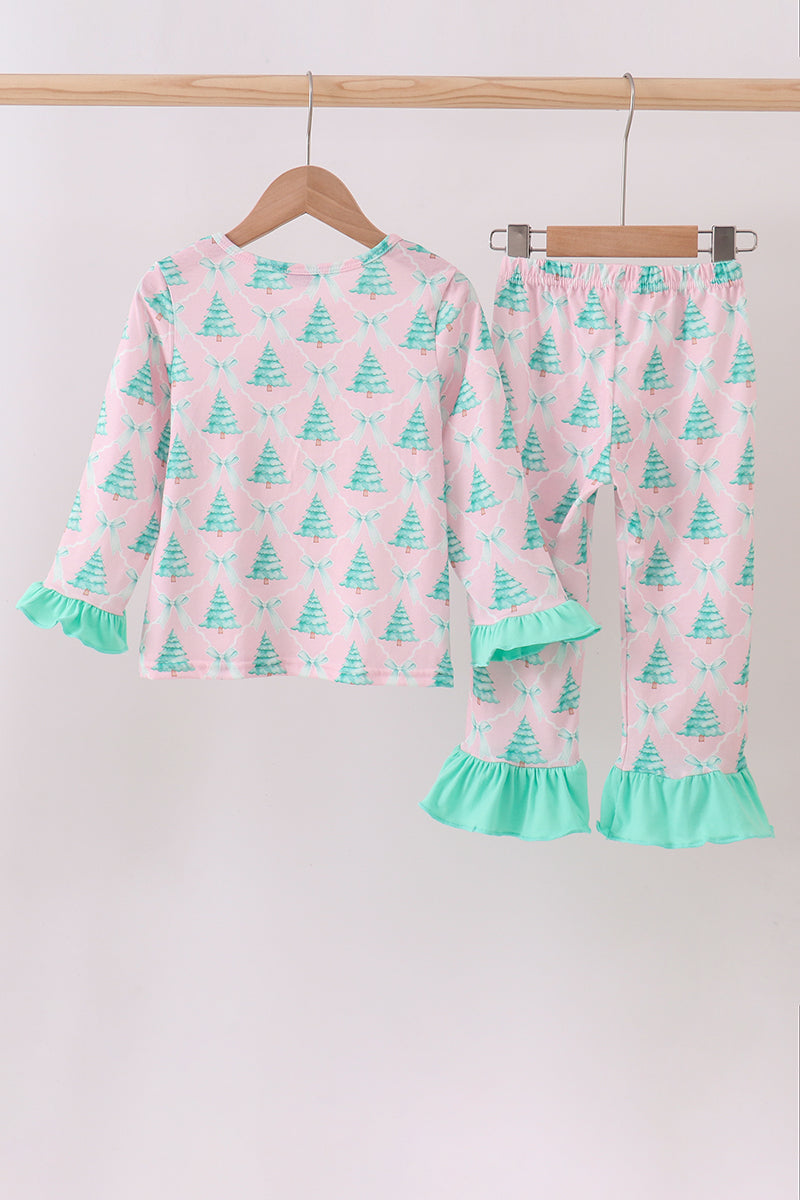Pink christmas tree ruffle pajama set