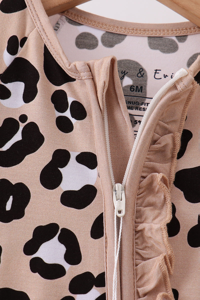 Brown leopard bamboo ruffle zipper romper