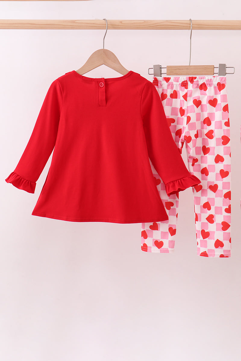 Red heart french knot ruffle pants set