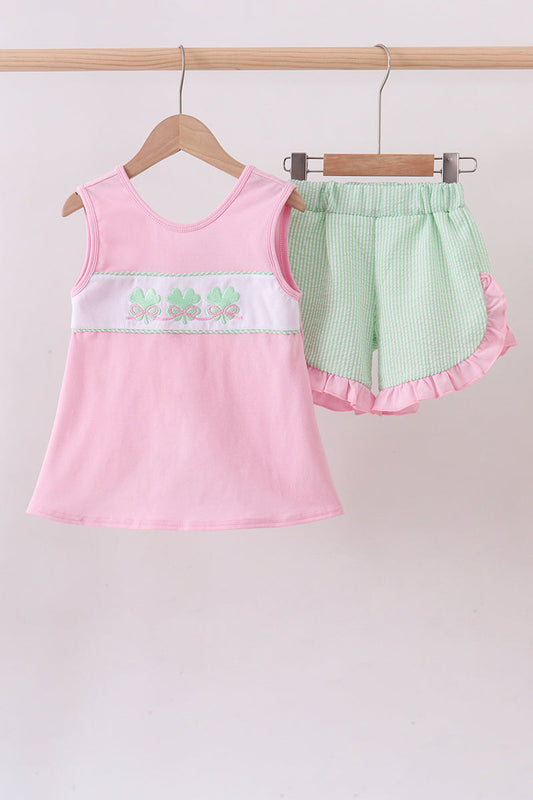 Pink clover bow embroidery seersucker ruffle shorts set