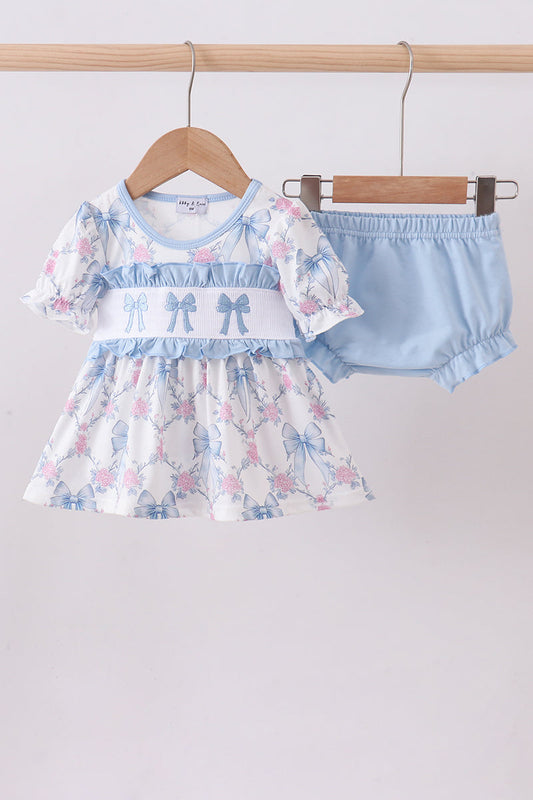 Blue bow floral smocked ruffle bloomer set