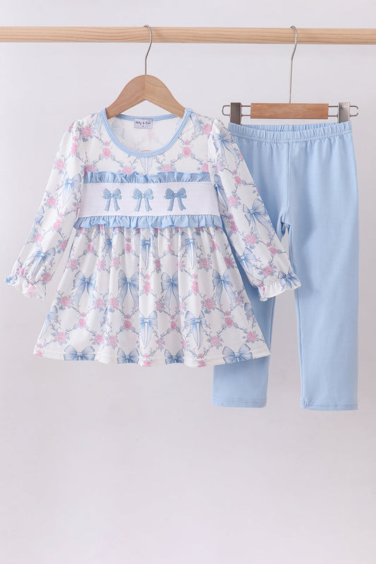 Blue bow floral smocked pants set