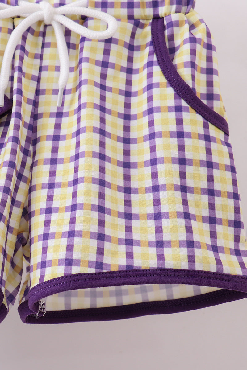 Purple LSU GEAUX smocked gingham shorts set