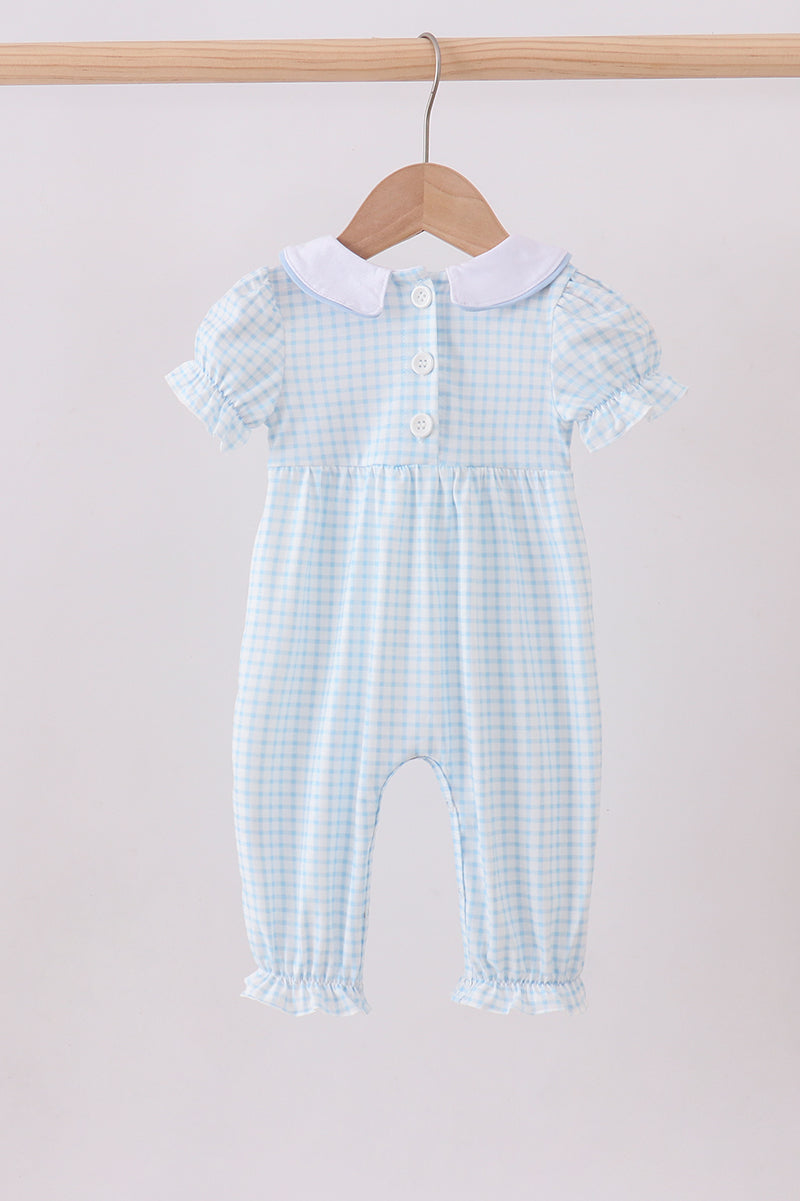 Blue zoo animal embroidery gingham puff sleeve romper