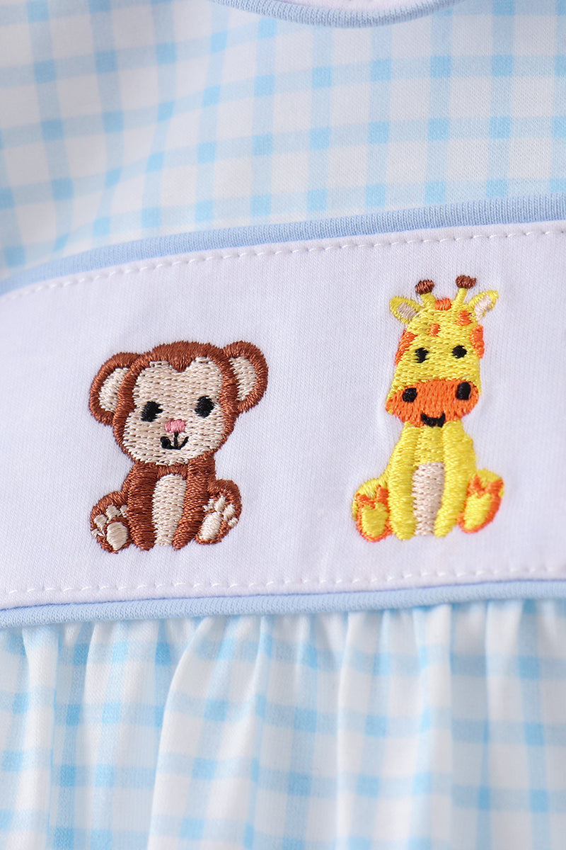 Blue zoo animal embroidery gingham puff sleeve romper