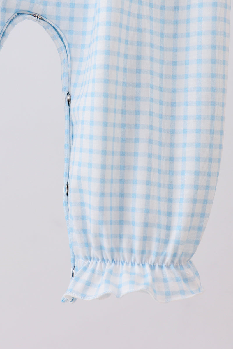 Blue zoo animal embroidery gingham puff sleeve romper