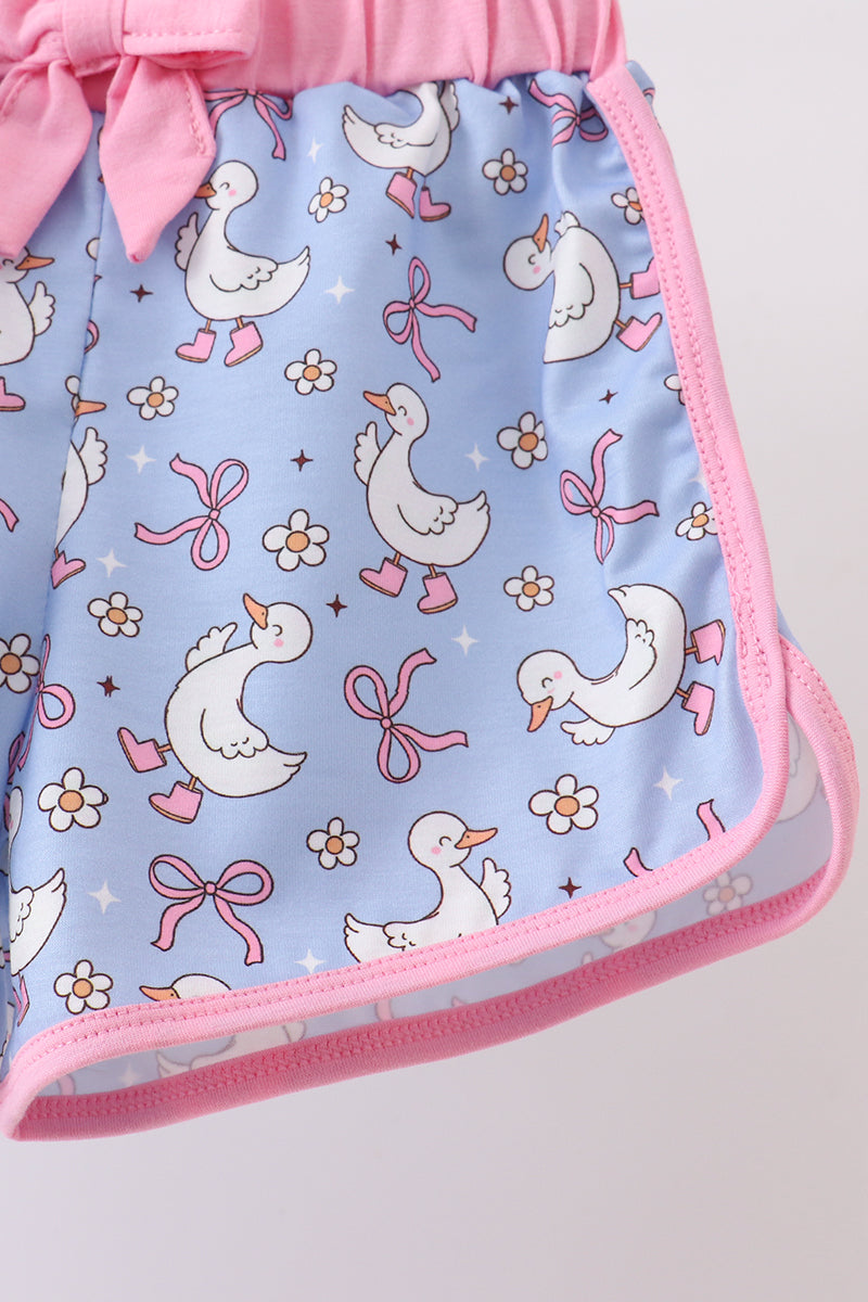 Purple duck print bow shorts set