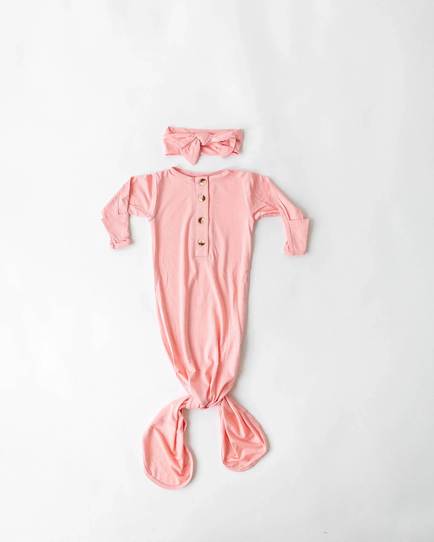 Newborn Knotted Baby Gown and Hat Set with Headband - Pink