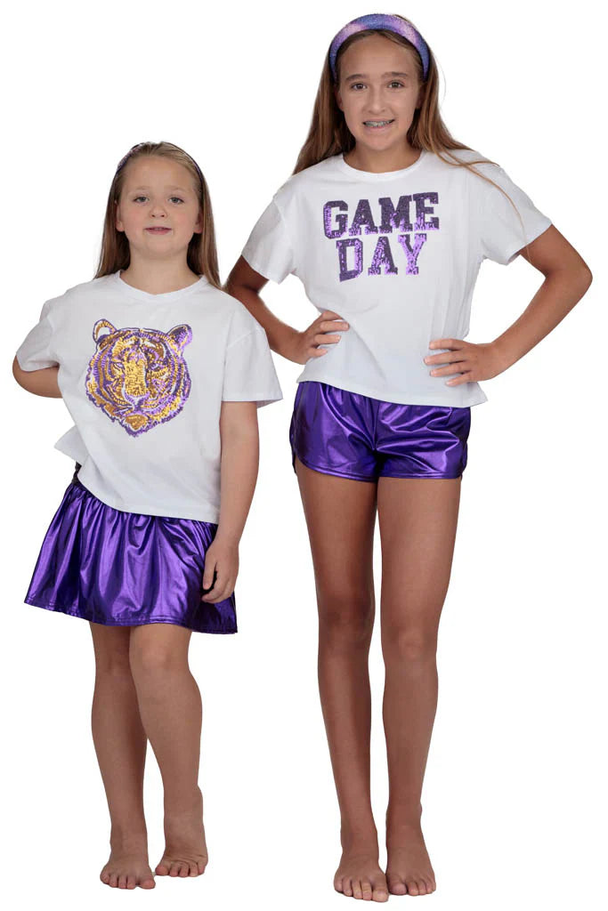 Azarhia Girls Slick Metallic Gathered Skort in Purple | Trendy Tween & Girls Athletic Skirt